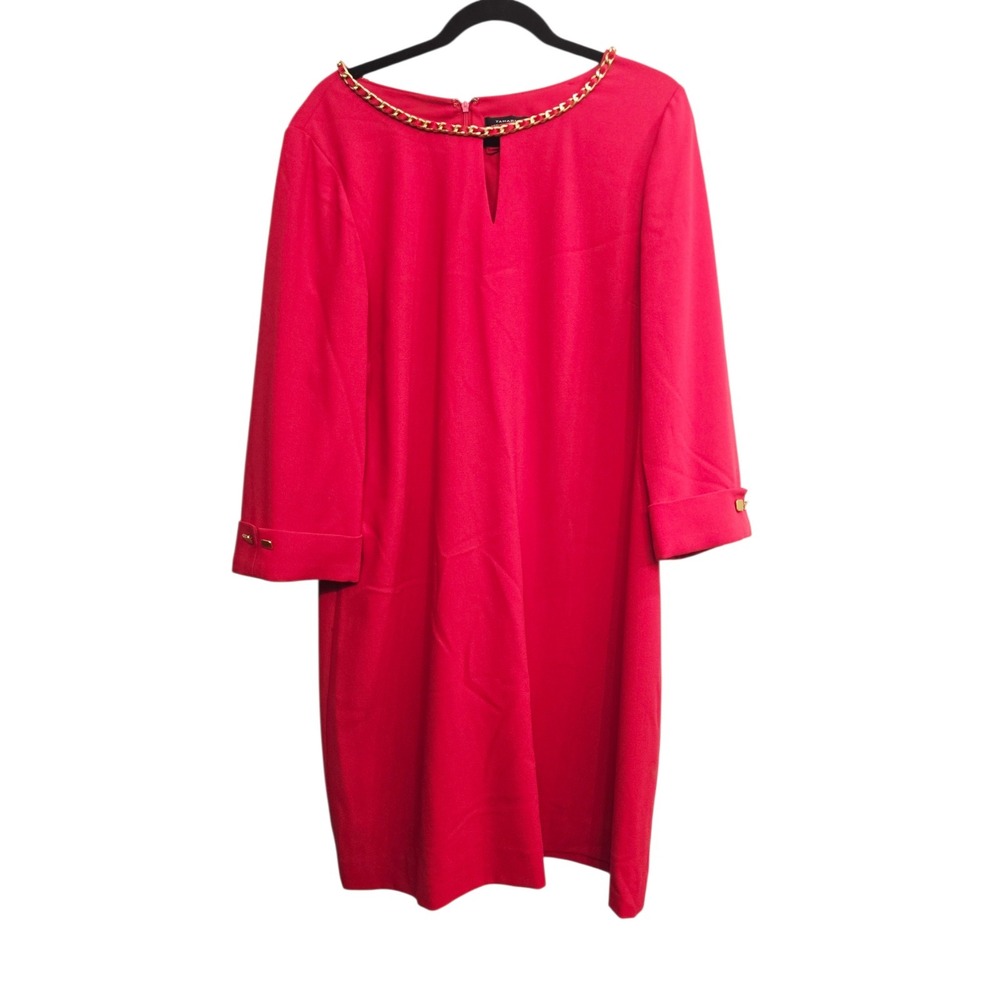 Tahari ASL 14 Red Shift Dress Gold Chain Detail 3/4 Sleeve Work Office Classic‎